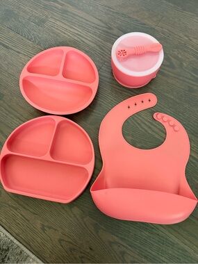 Silicone Baby Mealtime Set Bid, Plates, Bowl, Feeding Spoon in 4 colors